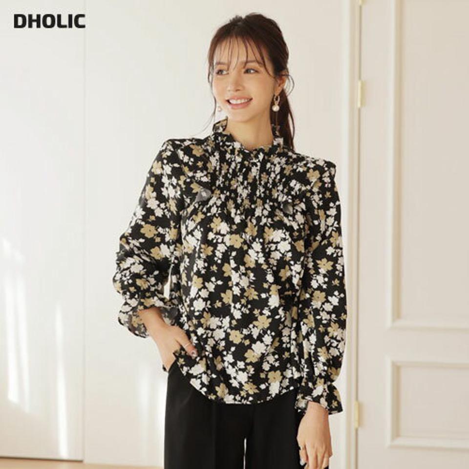 花柄シャーリングブラウス・全2色・b66374 レディース 【bl】【トップス　ブラウス 長袖 花柄 フラワー シャーリング フリルネック フリル 可愛い かわいい シャーリング 秋 冬 韓国 ファッション】【ハイホリHIHOLLI】