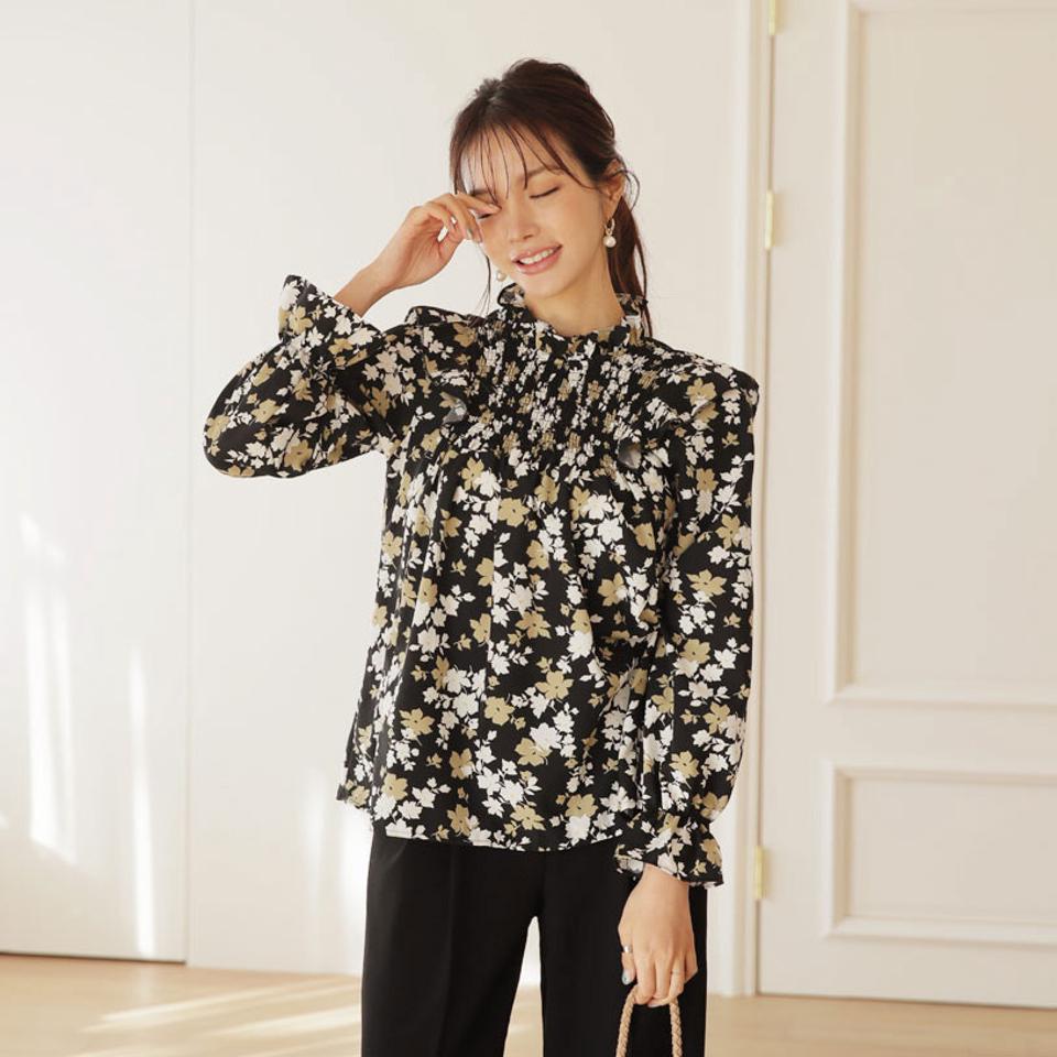 花柄シャーリングブラウス・全2色・b66374 レディース 【bl】【トップス　ブラウス 長袖 花柄 フラワー シャーリング フリルネック フリル 可愛い かわいい シャーリング 秋 冬 韓国 ファッション】【ハイホリHIHOLLI】