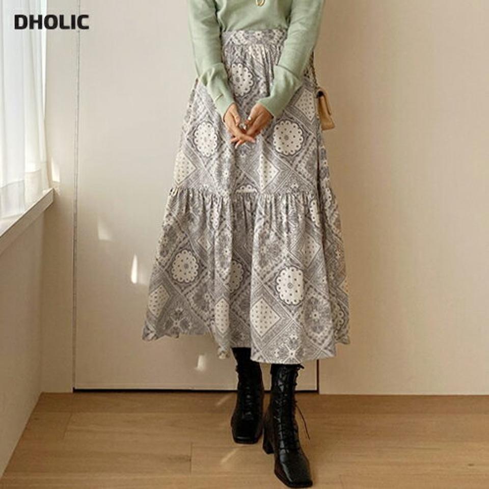 ペイズリースカート・全2色・b66393 レディース 【sk】【スカート ロングスカート ロング ペイズリー柄 バンダナ ボリューム ティアード カジュアル 秋 冬 韓国 ファッション】【ハイホリHIHOLLI】