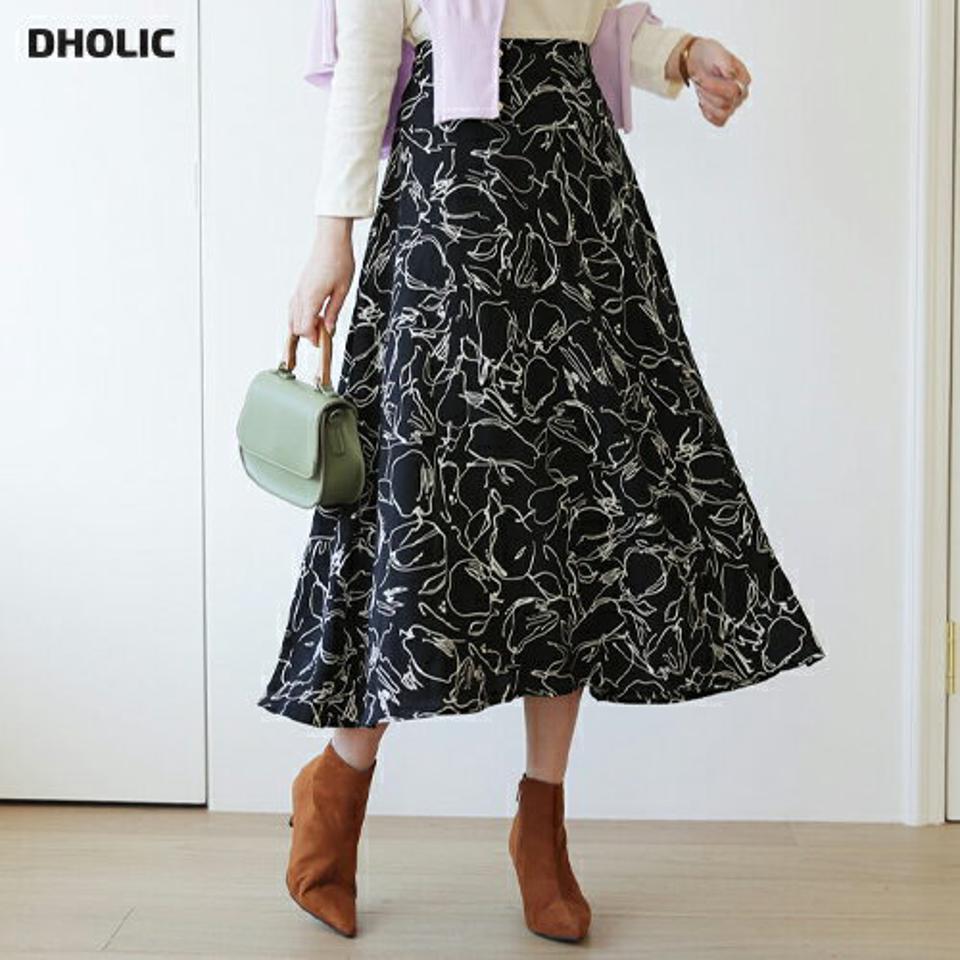 ドローイングフレアスカート・全2色・b66390 レディース 【sk】【スカート ロングスカート ロング フレア フレアスカート ドローイング モダン モノクロ 秋 冬 韓国 ファッション】【ハイホリHIHOLLI】