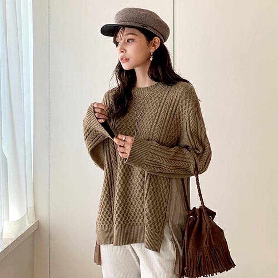 バックプリーツニット・全3色・b66370 レディース 【tops】【トップス ニット ニットトップス 長袖 バックシャン バックコンシャス プリーツ 可愛い かわいい 大人 カジュアル 異素材ミックス 秋 冬韓国 ファッション】【ハイホリHIHOLLI】