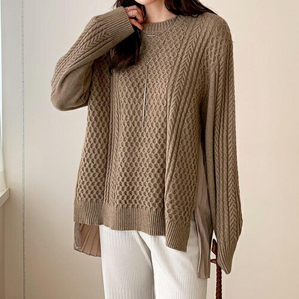 バックプリーツニット・全3色・b66370 レディース 【tops】【トップス ニット ニットトップス 長袖 バックシャン バックコンシャス プリーツ 可愛い かわいい 大人 カジュアル 異素材ミックス 秋 冬韓国 ファッション】【ハイホリHIHOLLI】