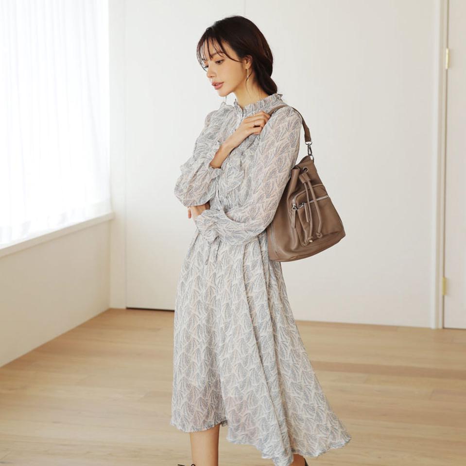 フリル花柄ワンピース・全3色・t66378 レディース 【ops】【ワンピース ロングワンピース 長袖 花柄 フラワー ストリング シフォン 小花柄 可愛い かわいい フェミニン 秋 冬 韓国 ファッション】【ハイホリHIHOLLI】