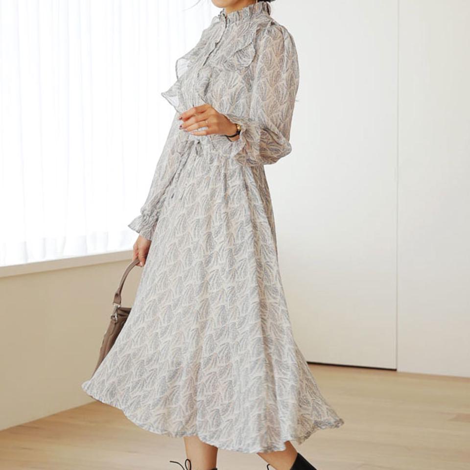 フリル花柄ワンピース・全3色・t66378 レディース 【ops】【ワンピース ロングワンピース 長袖 花柄 フラワー ストリング シフォン 小花柄 可愛い かわいい フェミニン 秋 冬 韓国 ファッション】【ハイホリHIHOLLI】