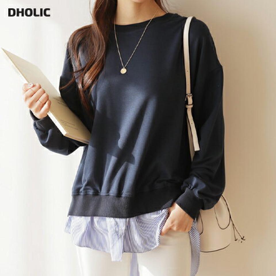 ストライプレイヤードTシャツ・全3色・b6636 レディース 【tops】【トップス Tシャツ 長袖 レイヤード ストライプ柄 単色 無地 シンプル 大人 カジュアル アンバランス 体型カバー 秋 冬 韓国 ファッション】【ハイホリHIHOLLI】