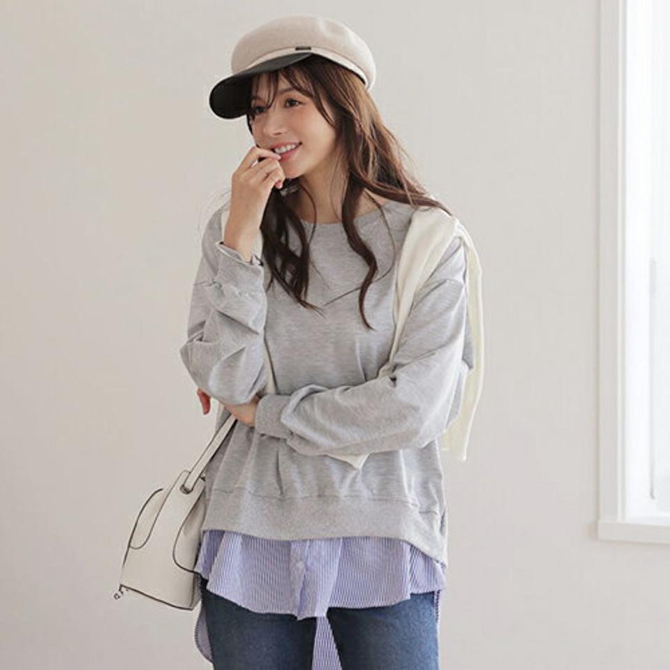 ストライプレイヤードTシャツ・全3色・b6636 レディース 【tops】【トップス Tシャツ 長袖 レイヤード ストライプ柄 単色 無地 シンプル 大人 カジュアル アンバランス 体型カバー 秋 冬 韓国 ファッション】【ハイホリHIHOLLI】