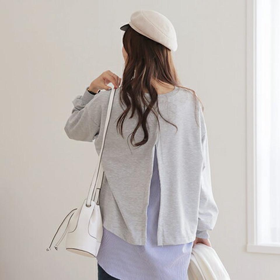 ストライプレイヤードTシャツ・全3色・b6636 レディース 【tops】【トップス Tシャツ 長袖 レイヤード ストライプ柄 単色 無地 シンプル 大人 カジュアル アンバランス 体型カバー 秋 冬 韓国 ファッション】【ハイホリHIHOLLI】