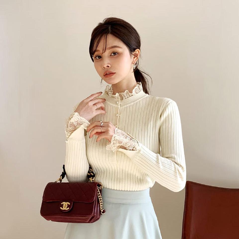 レースパールボタンニット・全2色・b66368 レディース 【tops】【トップス ニット ニットトップス 長袖 レース パールボタン 可愛い かわいい フェミニン デート 秋 冬 韓国 ファッション】【ハイホリHIHOLLI】