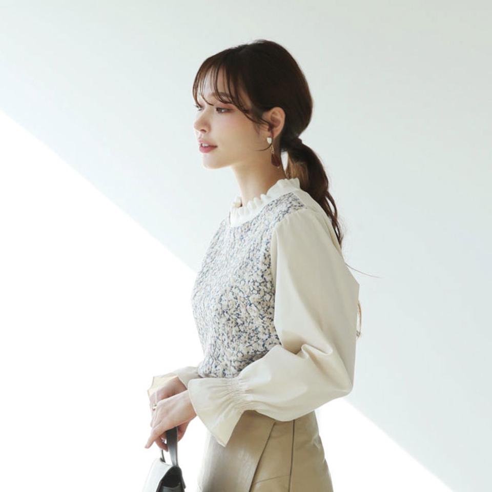 フラワーコントラストブラウス・全2色・b66278 レディース 【tops】【トップス ブラウス コントラスト フラワー 花柄 可愛い かわいい フェミニン ハーフネック シャーリング 秋 冬 韓国 ファッション】【ハイホリHIHOLLI】