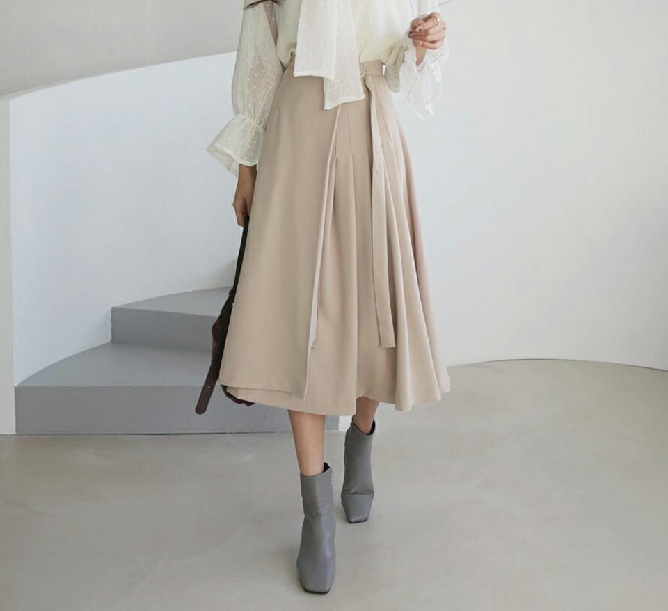 ベルトプリーツラップスカート・全3色・t66404 レディース 【sk】【スカート ミディ丈 ミディスカート ラップスカート ラップデザイン プリーツ プリーツスカート フェミニン シンプル かわいい 秋 冬 韓国 ファッション】【ハイホリHIHOLLI】