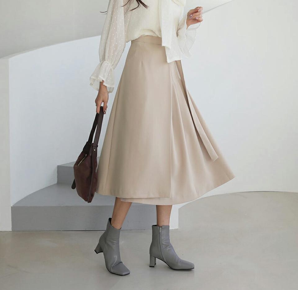 ベルトプリーツラップスカート・全3色・t66404 レディース 【sk】【スカート ミディ丈 ミディスカート ラップスカート ラップデザイン プリーツ プリーツスカート フェミニン シンプル かわいい 秋 冬 韓国 ファッション】【ハイホリHIHOLLI】