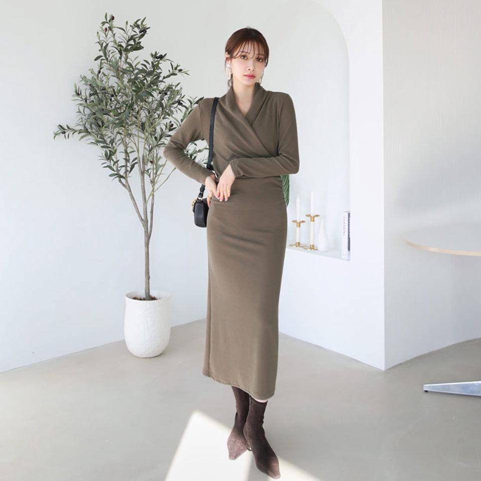 カシュクールワンピース・全2色・b66397 レディース 【ops】【ワンピース ロング ロングワンピース カシュクール 長袖 単色 無地 シンプル ショールカラー フェミニン 大人 秋 冬 韓国 ファッション】【ハイホリHIHOLLI】