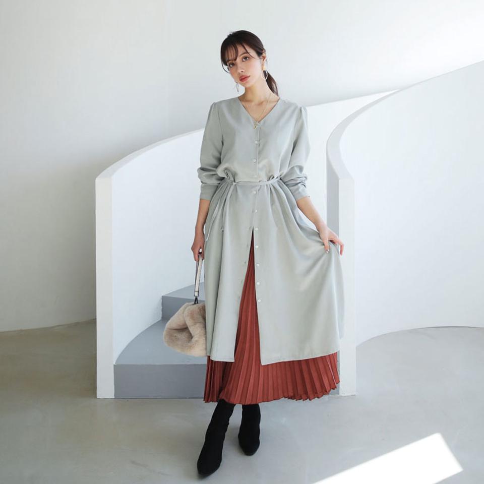 ベルト付Vネックワンピース・全3色・t66288 レディース 【ops】【ワンピース Vネック 長袖 ロング ロングワンピース 単色 無地 シンプル 大人 秋 冬 韓国 ファッション】【ハイホリHIHOLLI】