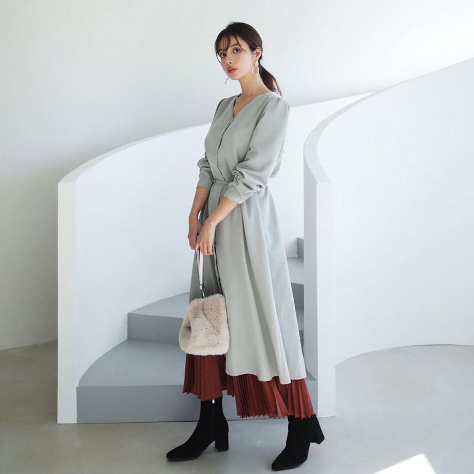 ベルト付Vネックワンピース・全3色・t66288 レディース 【ops】【ワンピース Vネック 長袖 ロング ロングワンピース 単色 無地 シンプル 大人 秋 冬 韓国 ファッション】【ハイホリHIHOLLI】