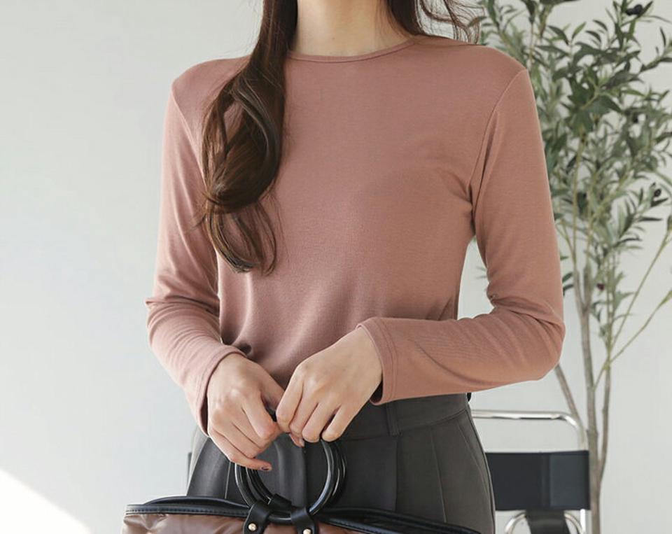 ラウンドTシャツ・全5色・b66279 レディース 【tops】【トップス Tシャツ ロンT 長袖 単色 無地 シンプル ベーシック 無地T カジュアル ラフ 女の子 男の子 秋 冬 韓国 ファッション】【ハイホリHIHOLLI】