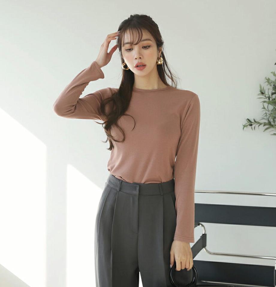 ラウンドTシャツ・全5色・b66279 レディース 【tops】【トップス Tシャツ ロンT 長袖 単色 無地 シンプル ベーシック 無地T カジュアル ラフ 女の子 男の子 秋 冬 韓国 ファッション】【ハイホリHIHOLLI】
