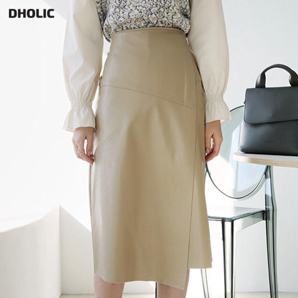 レザー調スリットスカート・全2色・t66304 レディース 【sk】【スカート ミディ丈 ミディスカート スリット レザー ラップスカート ラップデザイン Aライン 単色 無地 シンプル カジュアル 大人 きれいめ 秋 冬 韓国 ファッション】【ハイホリHIHOLLI】