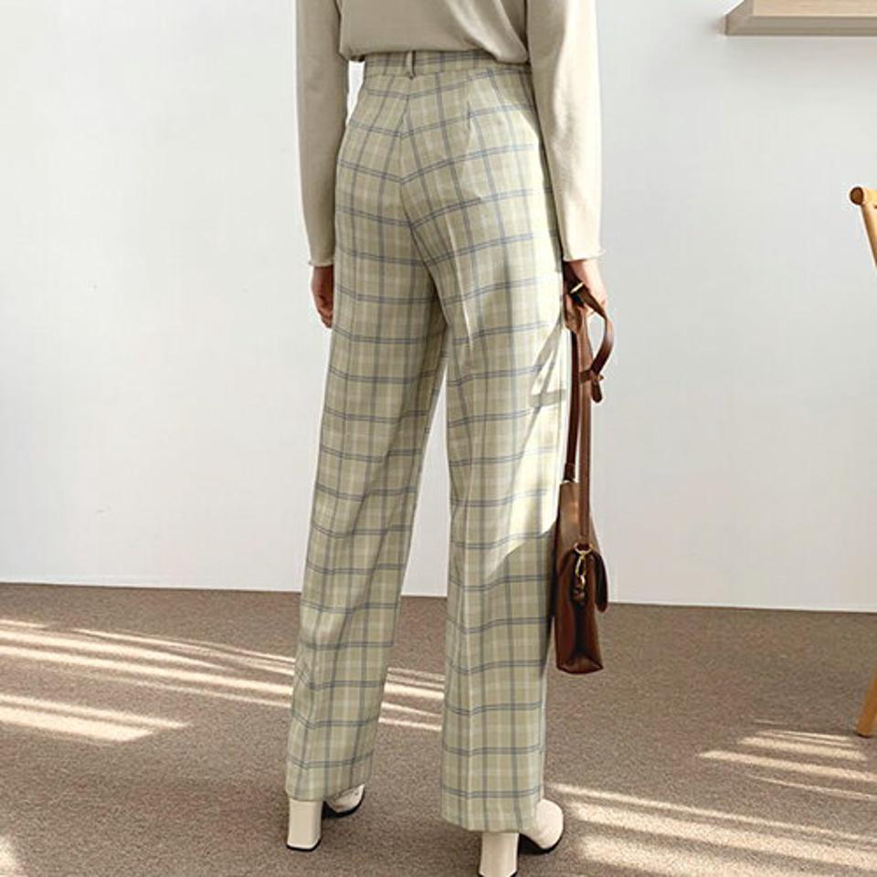 【只今10%OFF】チェックロングスラックス・全2色・t56640 レディース 【pt】【韓国 ファッション ボトムス パンツ スラックス トレンディ ストレートスラックス ストレート サイドポケット 細身 フィット スリム　体型カーバー モダン チェック カジュアル 秋 冬】