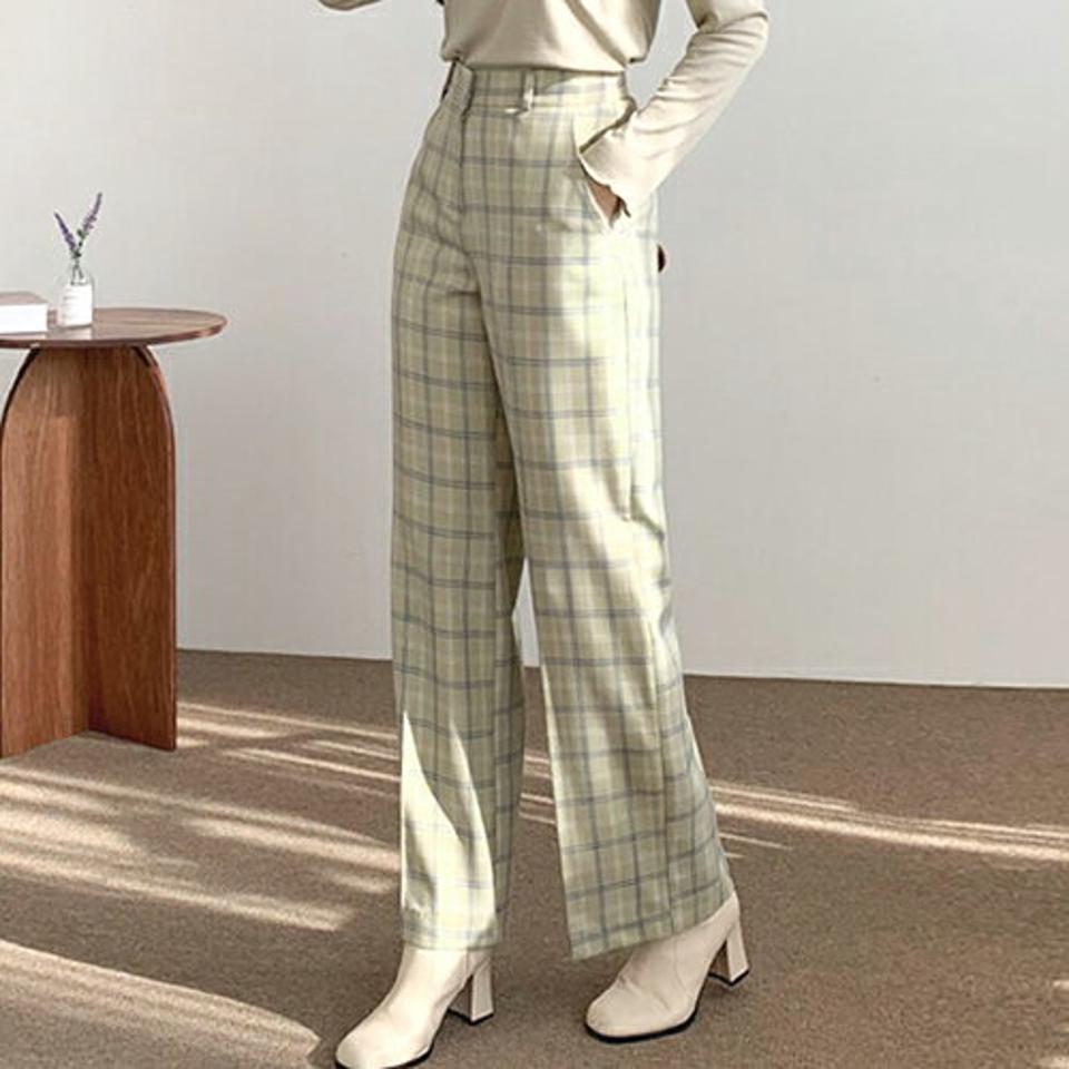 【只今10%OFF】チェックロングスラックス・全2色・t56640 レディース 【pt】【韓国 ファッション ボトムス パンツ スラックス トレンディ ストレートスラックス ストレート サイドポケット 細身 フィット スリム　体型カーバー モダン チェック カジュアル 秋 冬】