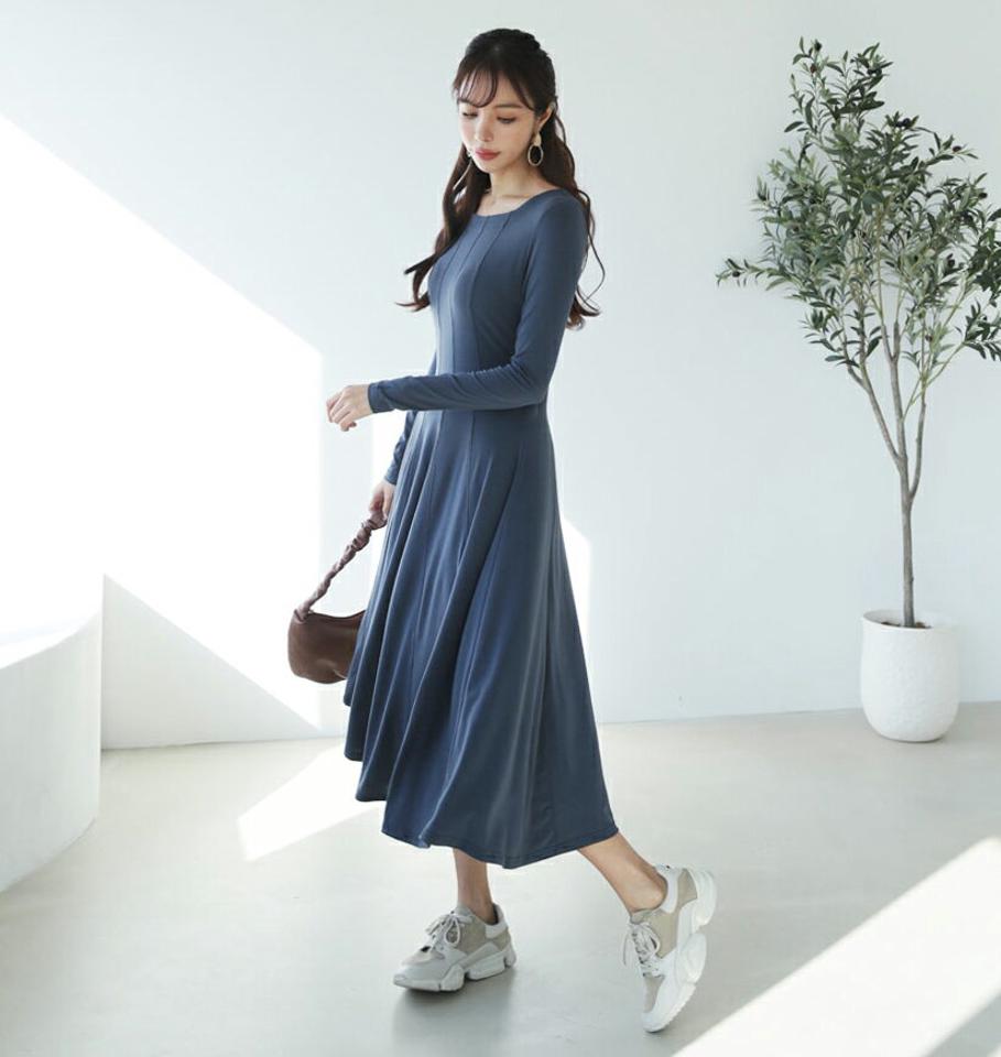 ラインディテールワンピース・全3色・b66398 レディース 【ops】【ワンピース ロング ロングワンピース 長袖 単色 無地 シンプル Aライン スリム 秋 冬 韓国 ファッション】【ハイホリHIHOLLI】