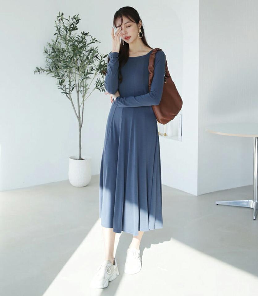 ラインディテールワンピース・全3色・b66398 レディース 【ops】【ワンピース ロング ロングワンピース 長袖 単色 無地 シンプル Aライン スリム 秋 冬 韓国 ファッション】【ハイホリHIHOLLI】