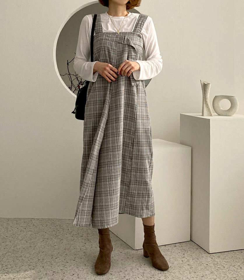 2TYPEラップスリーブレスワンピース・全4色・t56654 レディース 【ops】【韓国 ファッション ワンピース ロング ロングワンピス ラップ スリーブレス 無地 チェック パターン スクエアネック レイヤード ラップ調 バックル フェミニン 上品 カジュアル 秋 冬】