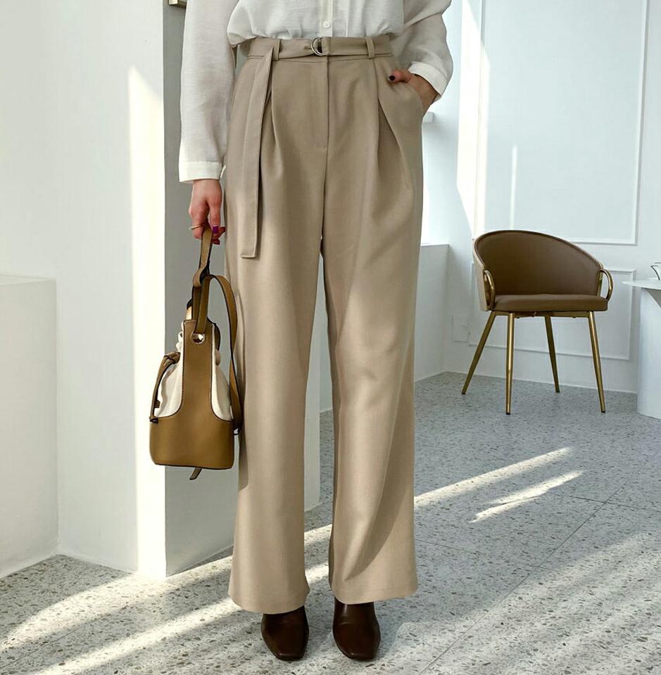 ベルト付ワイドスラックス・全3色・t56642 レディース 【pt】【韓国 ファッション ボトムス パンツ スラックス トレンディ ワイドスラックス ワイド ウエストベルト サイドポケット 細身 ルーズ　ゆったり　体型カーバー カジュアル 秋 冬】