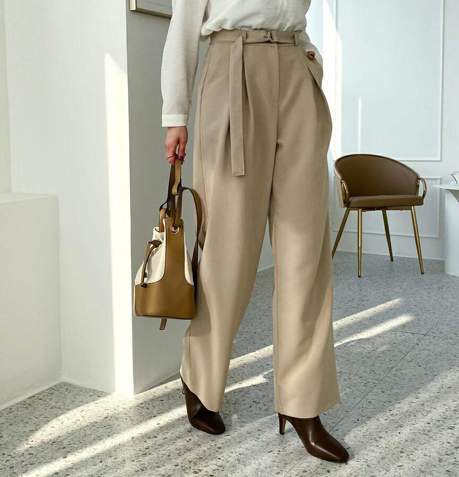 ベルト付ワイドスラックス・全3色・t56642 レディース 【pt】【韓国 ファッション ボトムス パンツ スラックス トレンディ ワイドスラックス ワイド ウエストベルト サイドポケット 細身 ルーズ　ゆったり　体型カーバー カジュアル 秋 冬】