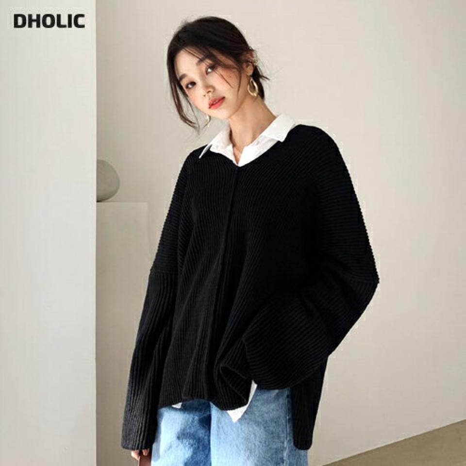 Vネックスリットニット・全2色・t61447 レディース 【tops】【韓国 ファッション トップス ニット 長袖 ぼわん袖 Vネック ドロップショルダー ルーズ ゆったり 細身 体型カーバー デイリー ベーシック 無地 上品 フェミニン シンプル カジュアル 秋 冬】