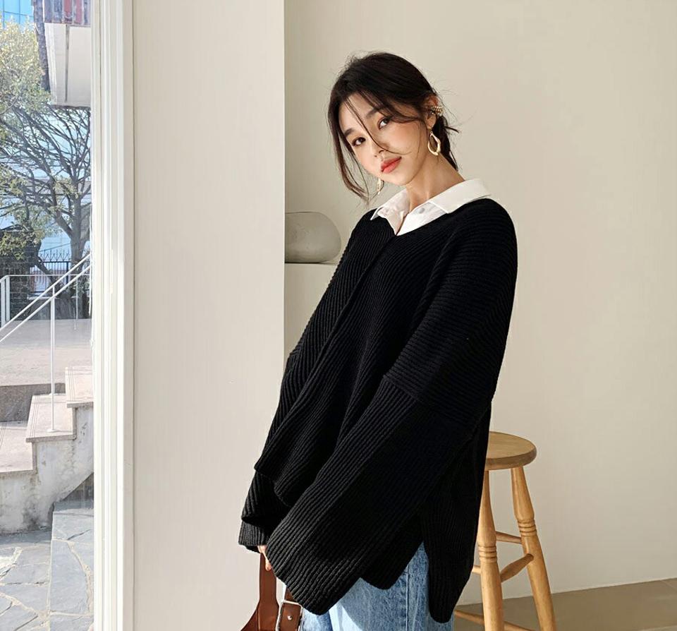 Vネックスリットニット・全2色・t61447 レディース 【tops】【韓国 ファッション トップス ニット 長袖 ぼわん袖 Vネック ドロップショルダー ルーズ ゆったり 細身 体型カーバー デイリー ベーシック 無地 上品 フェミニン シンプル カジュアル 秋 冬】