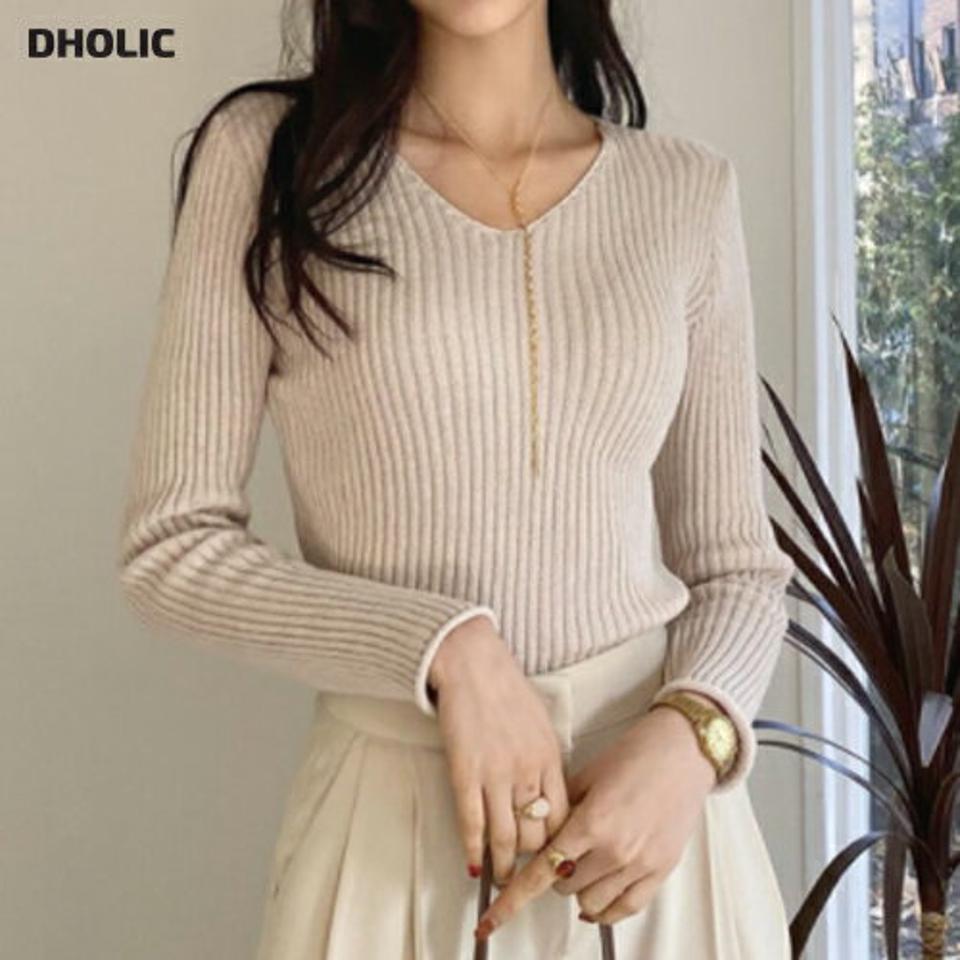 スリムVネックニット・全3色・t61441 レディース 【tops】【韓国 ファッション トップス ニット 長袖 Vネック フィット デコルテ 細身 スリム リブ 体型カーバー デイリー ベーシック 無地 上品 フェミニン カジュアル 秋 冬】