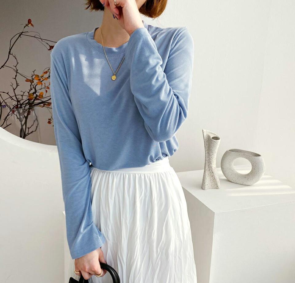 ラウンドネックTシャツ・全5色・t56618 レディース 【tops】【韓国 ファッション トップス Tシャツ 長袖 ラウンドネック サイドスリット デイリー ベーシック カジュアル 無地 カジュアル 秋 冬】