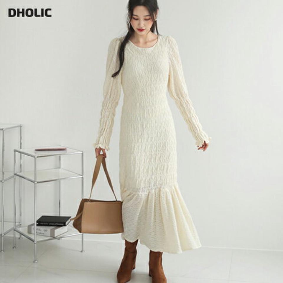 リンクルワンピース・全3色・t56655 レディース 【ops】【韓国 ファッション ワンピース ロング ロングワンピス 長袖 ナチュラル フェミニン 上品 ボリューム スリム フィット 細身 体型カバー デイリー カジュアル 秋 冬】