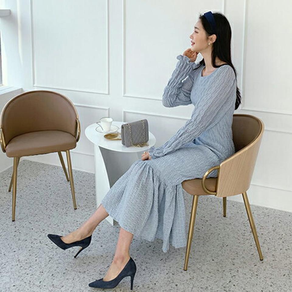 リンクルワンピース・全3色・t56655 レディース 【ops】【韓国 ファッション ワンピース ロング ロングワンピス 長袖 ナチュラル フェミニン 上品 ボリューム スリム フィット 細身 体型カバー デイリー カジュアル 秋 冬】