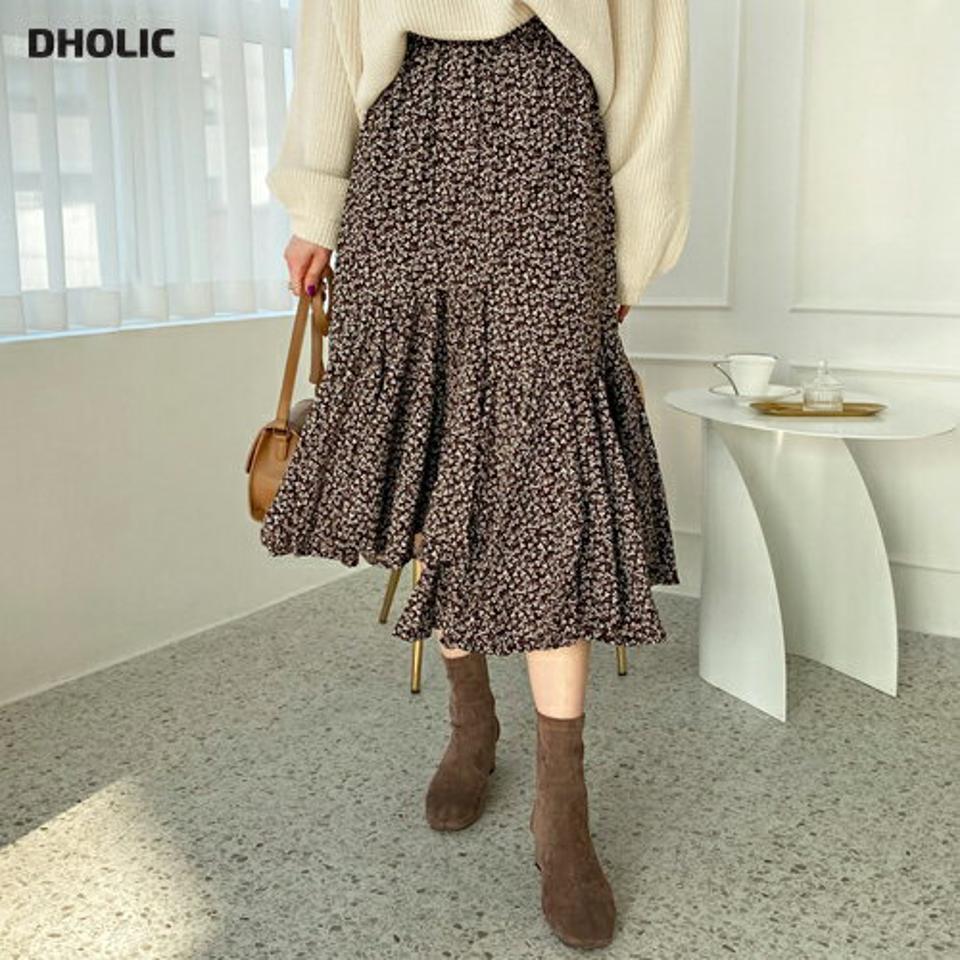 アンバランス小花柄スカート・全2色・t56648 レディース 【sk】【韓国 ファッション ボトムス スカート ロング ロングスカート リンクル 花柄 フローラル パターン フェミニン デイリー ウエストゴム アンバランス カジュアル 秋 冬】