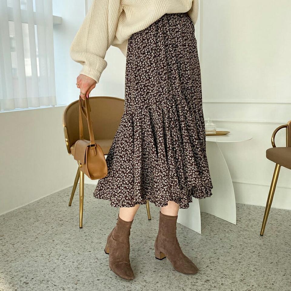 アンバランス小花柄スカート・全2色・t56648 レディース 【sk】【韓国 ファッション ボトムス スカート ロング ロングスカート リンクル 花柄 フローラル パターン フェミニン デイリー ウエストゴム アンバランス カジュアル 秋 冬】