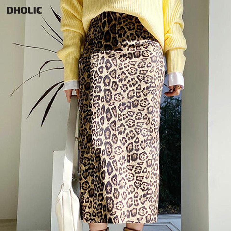 レオパードスカート・全2色・t61455 レディース 【sk】【韓国 ファッション ボトムス スカート ロング 台型 レオパード パターン ウエストゴム Hライン スリット スリム 体型カーバー 細身 デイリー カジュアル 秋 冬】