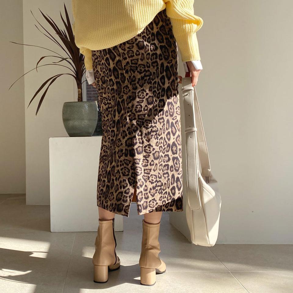レオパードスカート・全2色・t61455 レディース 【sk】【韓国 ファッション ボトムス スカート ロング 台型 レオパード パターン ウエストゴム Hライン スリット スリム 体型カーバー 細身 デイリー カジュアル 秋 冬】