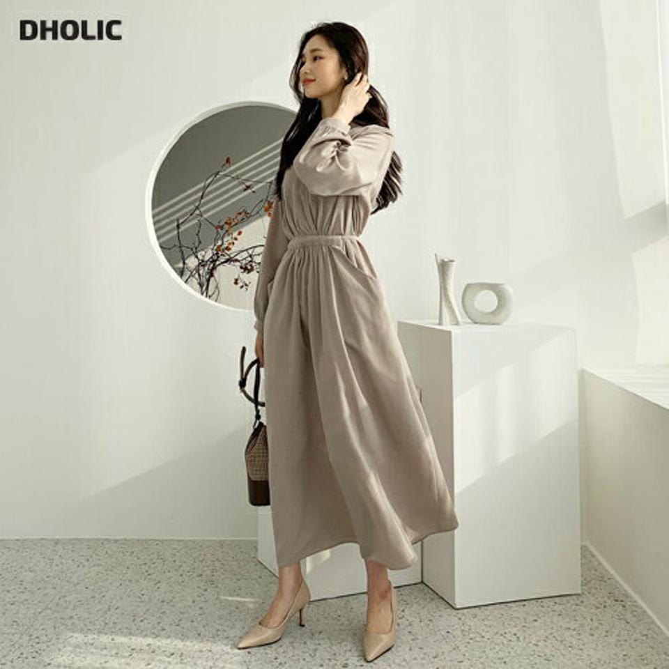 ストラップ付Vネックワンピース・全2色・t56636 レディース 【ops】【韓国 ファッション ワンピース ロング ロングワンピス 長袖 ストラップ Vネックワンピース Vネック 光沢 上品 ウエストストラップ ギャザー 体型カバー デイリー カジュアル 秋 冬】