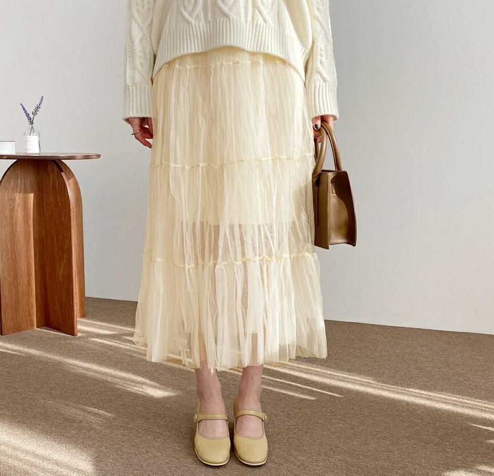 チュールティアードスカート・全3色・t56690 レディース 【sk】【韓国 ファッション ボトムス スカート ロング ロングスカート チュール ティアード ボリューム ウエストゴム フェミニン チュールスカート 上品 カジュアル 秋 冬】