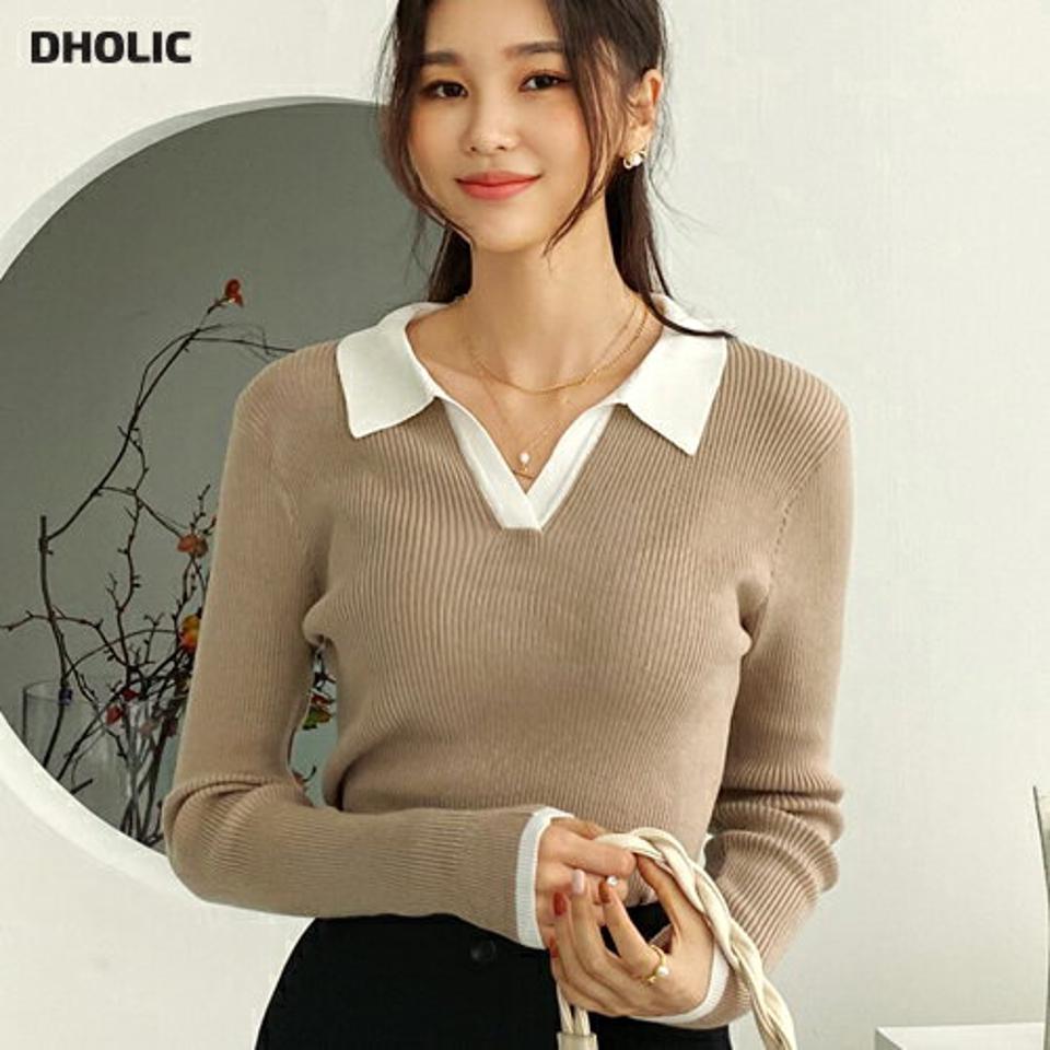 リブ配色カラーニット・全3色・b56623 レディース 【tops】【韓国 ファッション トップス ニット 長袖 ぼわん袖 Vネック カラーニット カラー リブ リブニット メリハリ シンプル 体型カーバー デイリー ベーシック 無地 カジュアル 秋 冬】