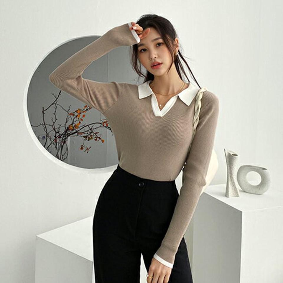 リブ配色カラーニット・全3色・b56623 レディース 【tops】【韓国 ファッション トップス ニット 長袖 ぼわん袖 Vネック カラーニット カラー リブ リブニット メリハリ シンプル 体型カーバー デイリー ベーシック 無地 カジュアル 秋 冬】