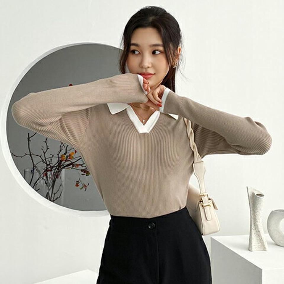 リブ配色カラーニット・全3色・b56623 レディース 【tops】【韓国 ファッション トップス ニット 長袖 ぼわん袖 Vネック カラーニット カラー リブ リブニット メリハリ シンプル 体型カーバー デイリー ベーシック 無地 カジュアル 秋 冬】