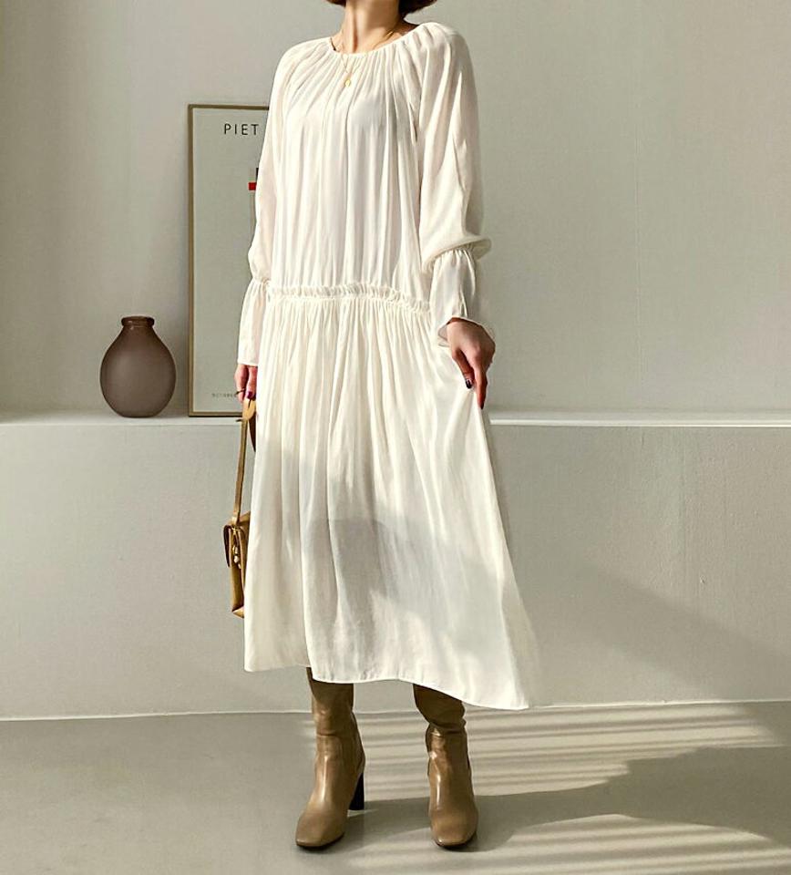 ギャザーワンピース・全3色・t56635 レディース 【ops】【韓国 ファッション ワンピース ロング ロングワンピス 長袖 ナチュラル ギャザーワンピース ギャザー 上品 光沢 オフショルダー フリル デコルテ 体型カバー デイリー カジュアル 秋 冬】