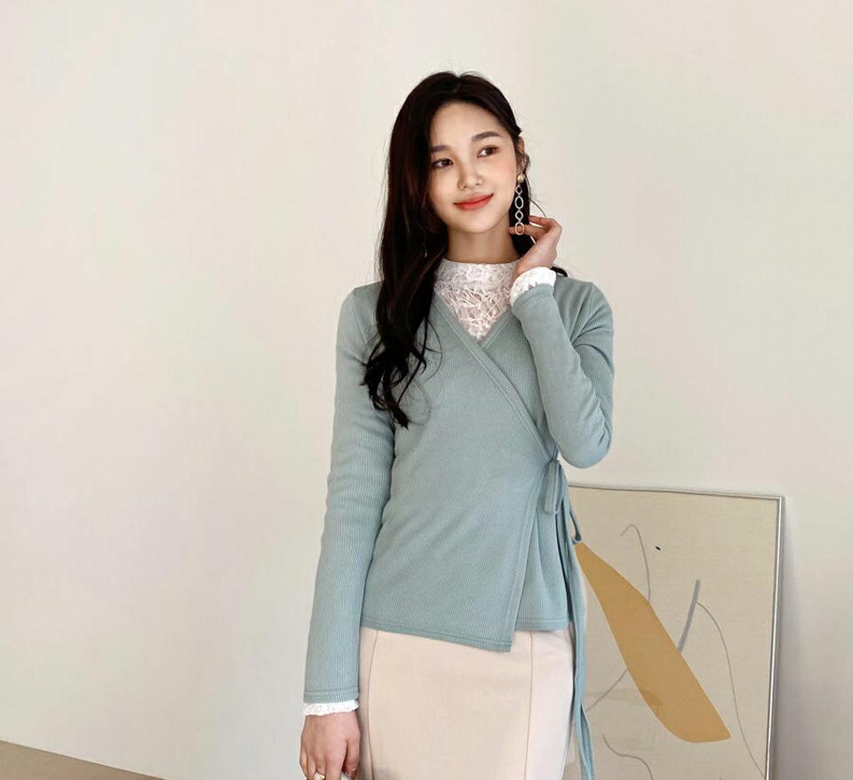 リブラップTシャツ・全4色・b61438 レディース 【tops】【韓国 ファッション トップス Tシャツ 長袖 Vネック ラップTシャツ ボディライン フィット 細身 スリム 上品 フェミニン 無地 リブ リボン ベーシック カジュアル 秋 冬】