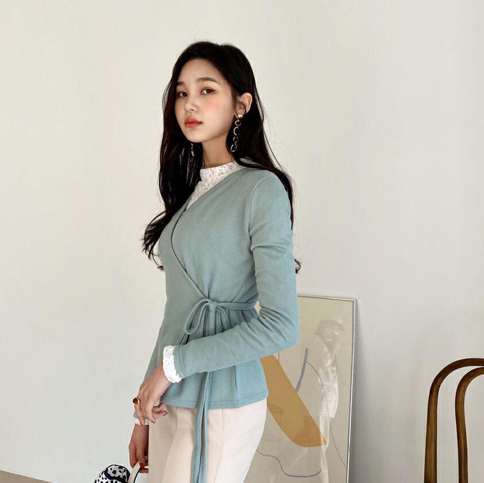 リブラップTシャツ・全4色・b61438 レディース 【tops】【韓国 ファッション トップス Tシャツ 長袖 Vネック ラップTシャツ ボディライン フィット 細身 スリム 上品 フェミニン 無地 リブ リボン ベーシック カジュアル 秋 冬】