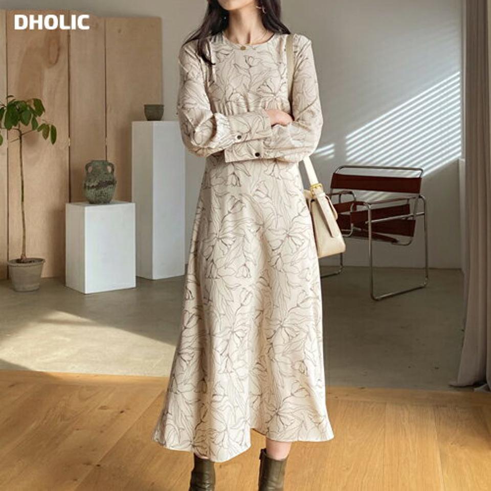 ドローイングフレアワンピース・全2色・t61445 レディース 【ops】【韓国 ファッション ワンピース ロング ロングワンピス 長袖 ナチュラル フェミニン 上品 ドローイング パターン 細身 体型カバー デイリー ウエストリボン カジュアル 秋 冬】