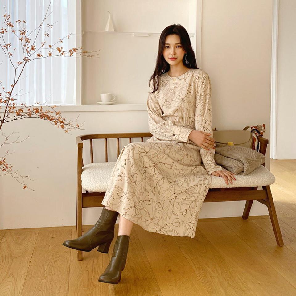 ドローイングフレアワンピース・全2色・t61445 レディース 【ops】【韓国 ファッション ワンピース ロング ロングワンピス 長袖 ナチュラル フェミニン 上品 ドローイング パターン 細身 体型カバー デイリー ウエストリボン カジュアル 秋 冬】