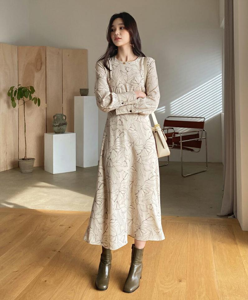 ドローイングフレアワンピース・全2色・t61445 レディース 【ops】【韓国 ファッション ワンピース ロング ロングワンピス 長袖 ナチュラル フェミニン 上品 ドローイング パターン 細身 体型カバー デイリー ウエストリボン カジュアル 秋 冬】