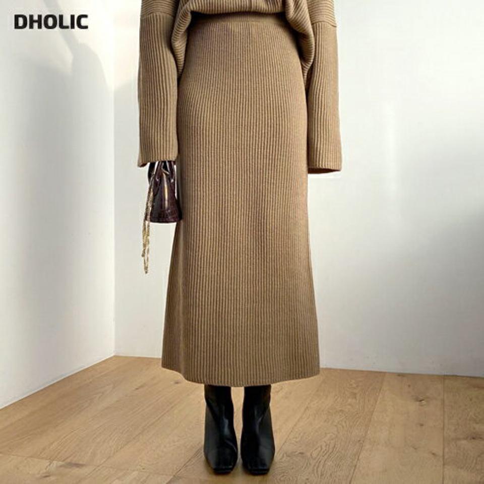 Hラインスリットニットスカート・全2色・t61448 レディース 【sk】【韓国 ファッション ボトムス スカート ロング Hライン ウエストゴム リブニット スリット 無地 スリム 体型カーバー 細身 ベーシック デイリー カジュアル 秋 冬】